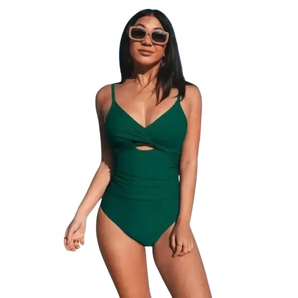 Cupshe Women's Twist Front Cutout One Piece Swimsuit Green Size Large - Picture 2 of 7